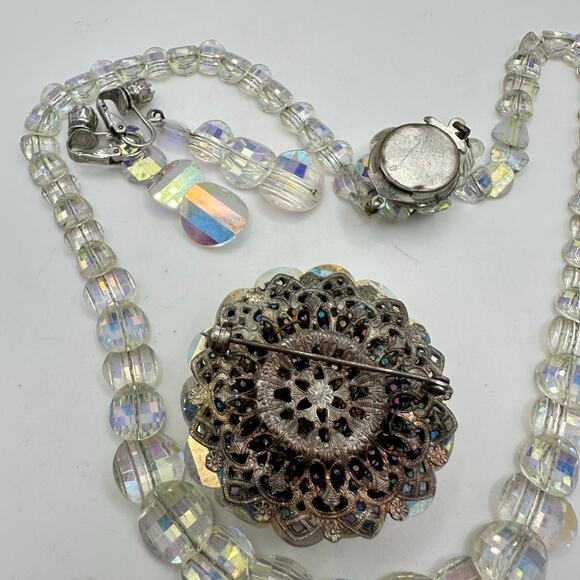 1950s vintage glass aurora borealis AB graduated beaded necklace earrings brooch - Picture 6 of 8